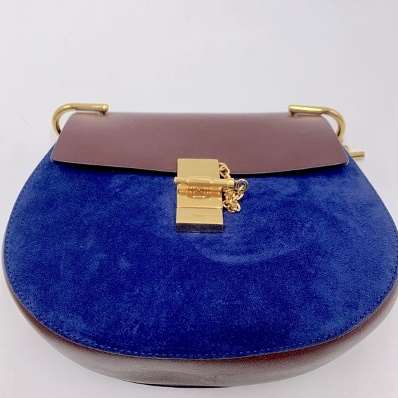 Auth Chloe Drew Mini Two Tone Leather Suede Navy Bordeaux Shoulder Bag - Picture 8 of 15
